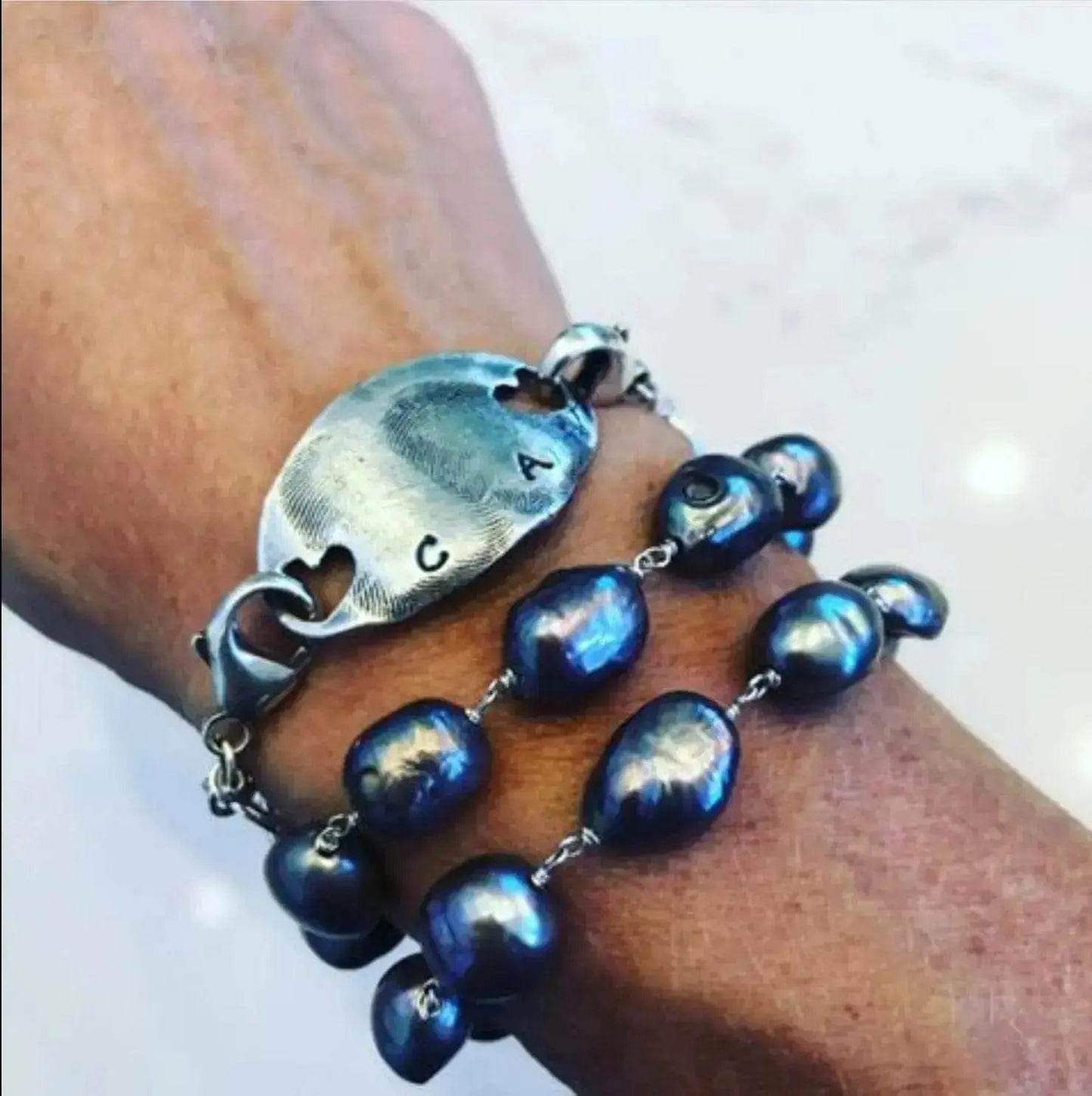 Liv & B Designs Bracelet Peacock Double Wrap Sterling Silver Pearl Bracelet