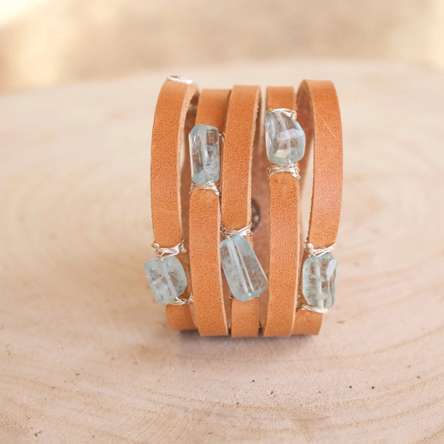 Liv & B Leather Aquamarine Cinco Leather Wrap Bracelet Tan