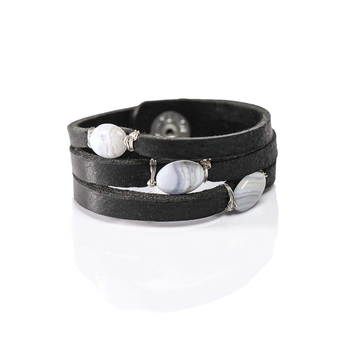 Liv & B Leather Blue Lace Agate Mini Cinco Leather Wrap Bracelet Black