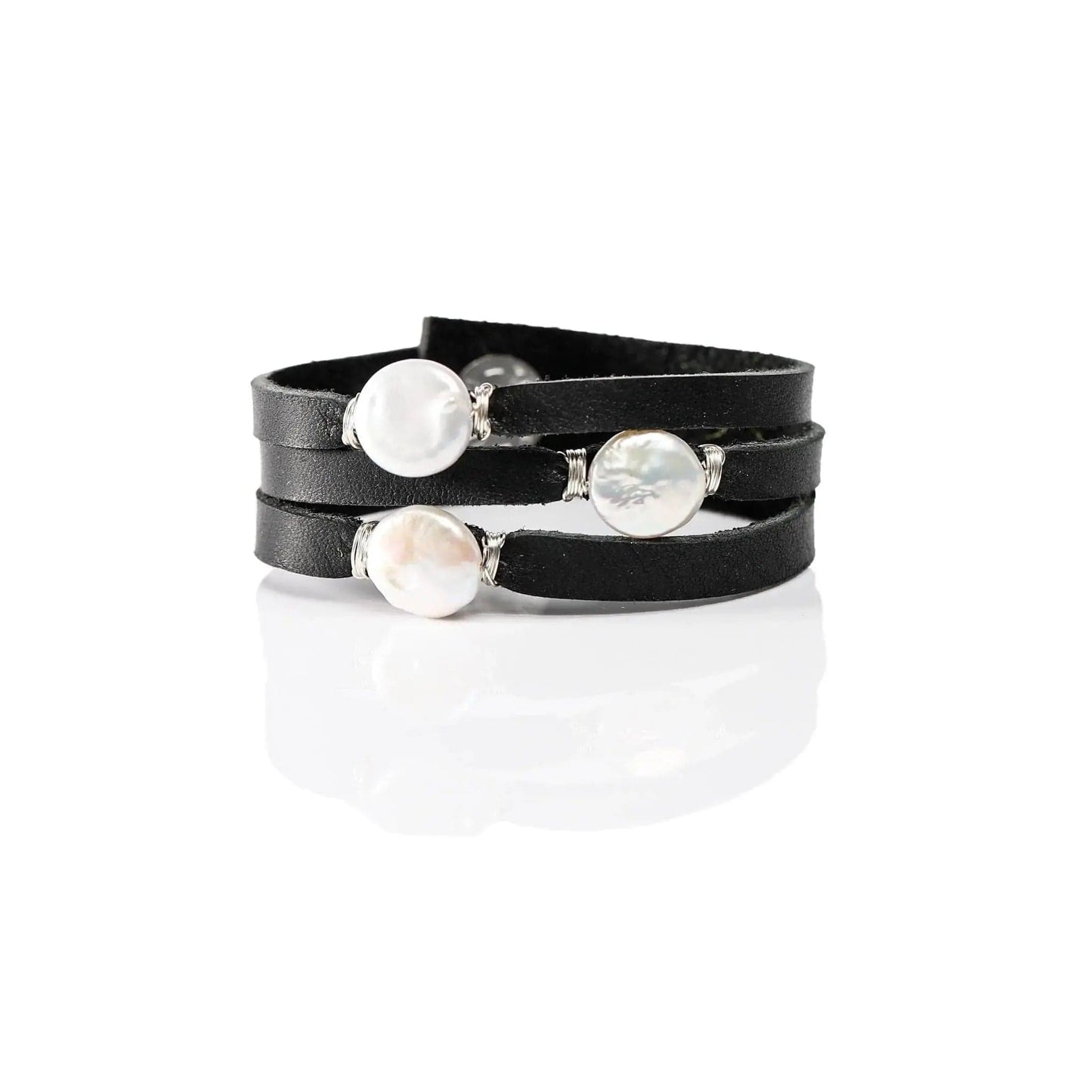 Liv & B Leather Pearl Mini Cinco Leather Wrap Bracelet Black