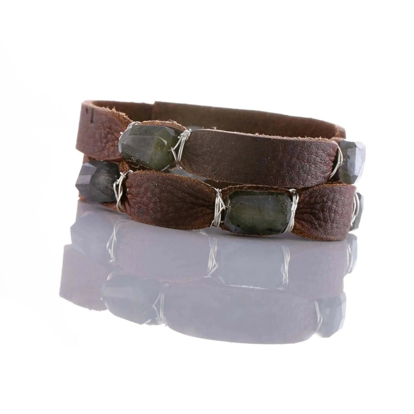 Liv & B Bracelet Labradorite Mini Cinco Leather Wrap Bracelet Brown