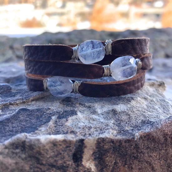 Liv & B Bracelet Moonstone Mini Cinco Leather Wrap Bracelet Brown