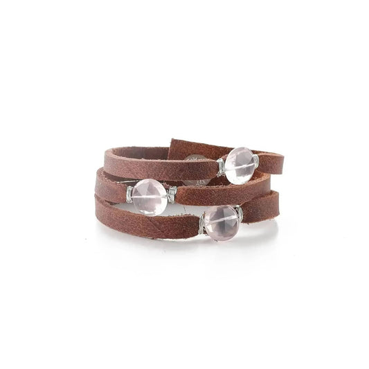 Liv & B Bracelet Rose Quartz Mini Cinco Leather Wrap Bracelet Brown