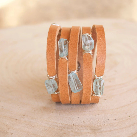 Liv & B Leather Aquamarine Cinco Leather Wrap Bracelet Tan