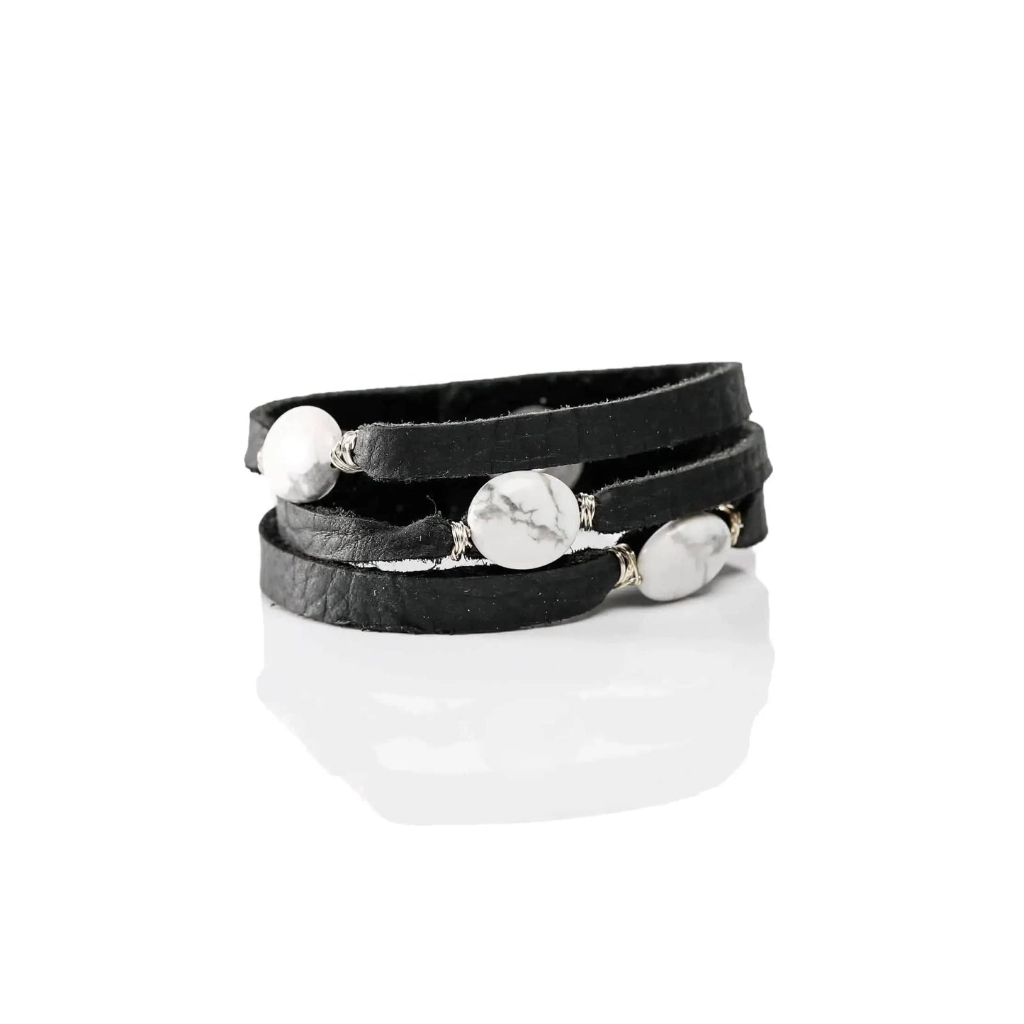 Liv & B Leather Howlite Mini Cinco Leather Wrap Bracelet Black