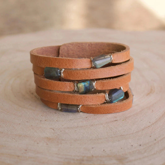 Liv & B Leather Labrdorite Cinco Leather Wrap Bracelet Tan