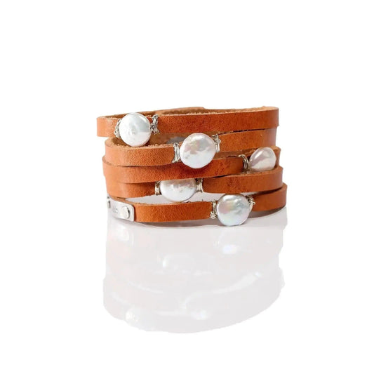 Liv & B Leather Pearl Cinco Leather Wrap Bracelet Tan