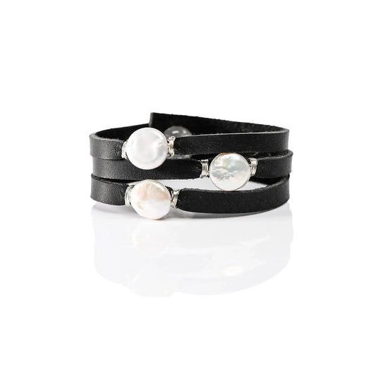 Liv & B Leather Pearl Mini Cinco Leather Wrap Bracelet Black