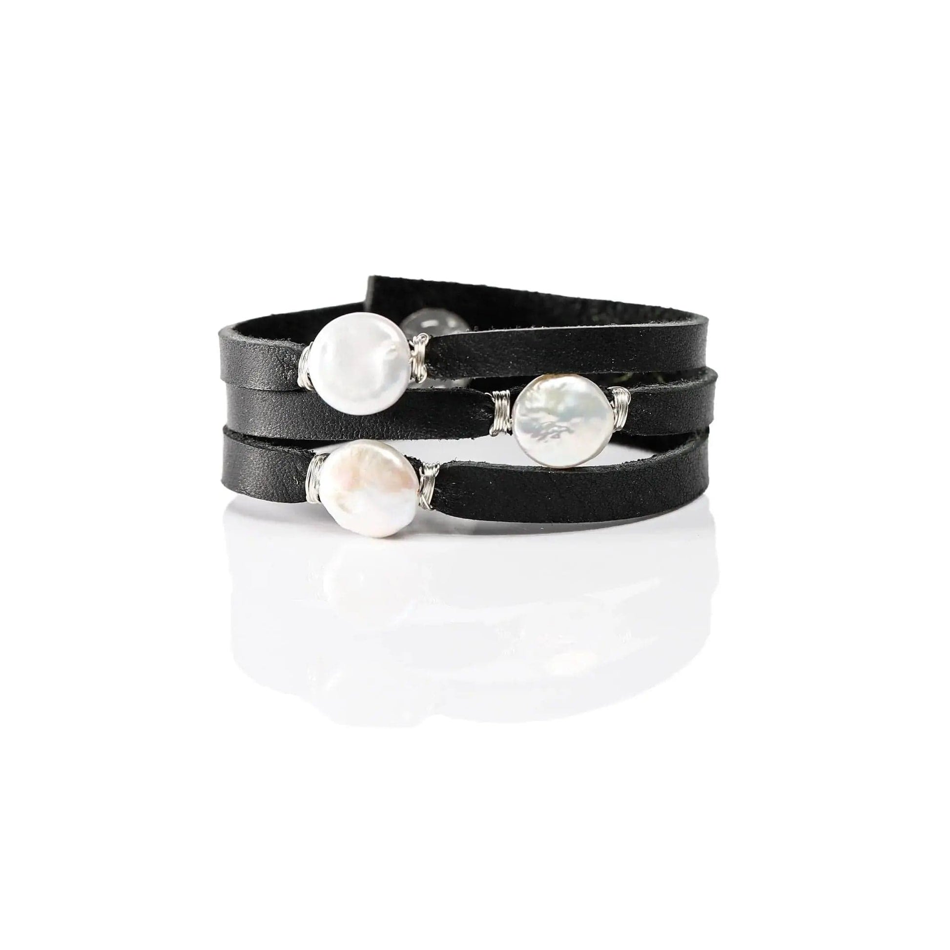 Liv & B Leather Pearl Mini Cinco Leather Wrap Bracelet Black