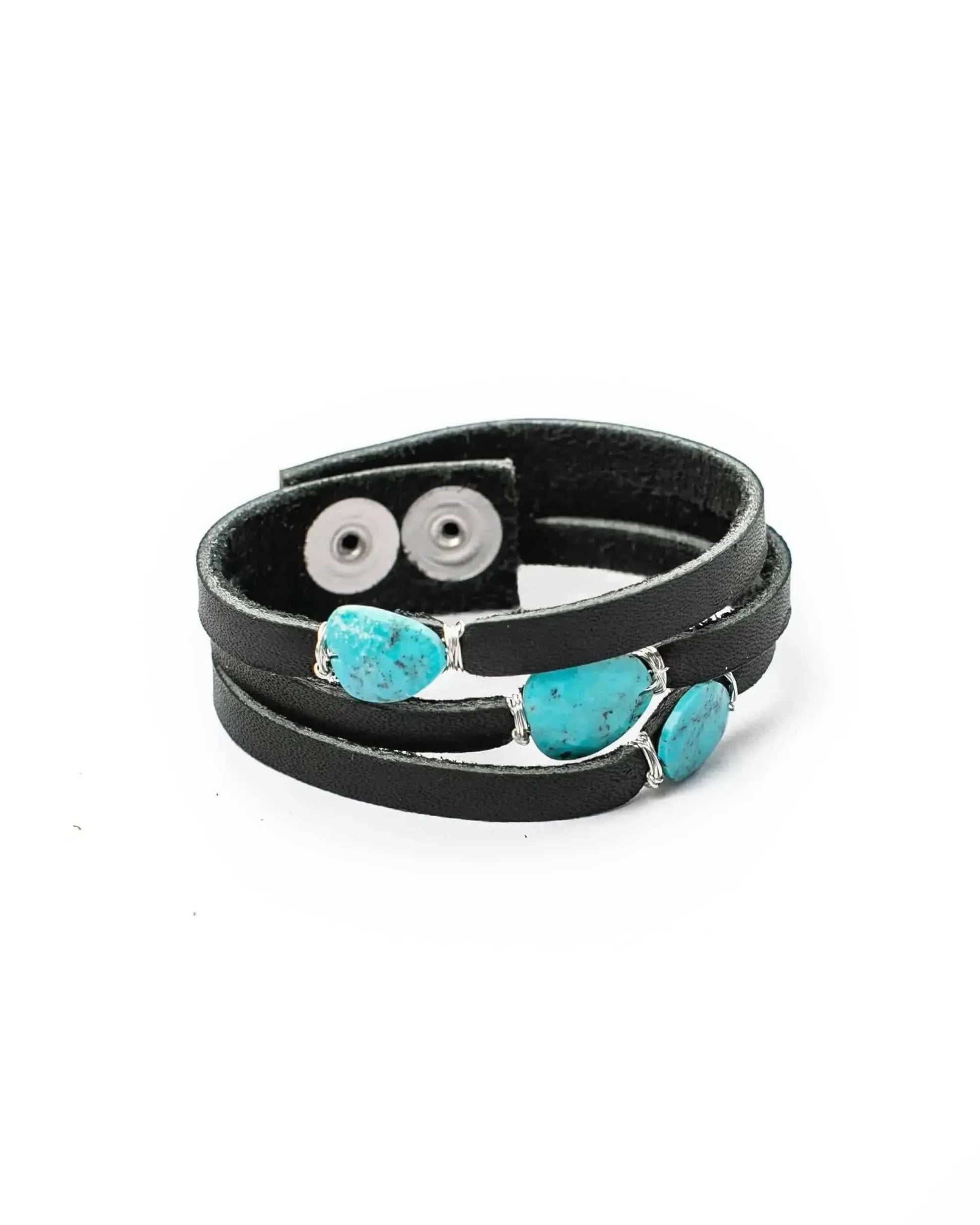 Liv & B Leather Turquoise Mini Cinco Leather Wrap Bracelet Black
