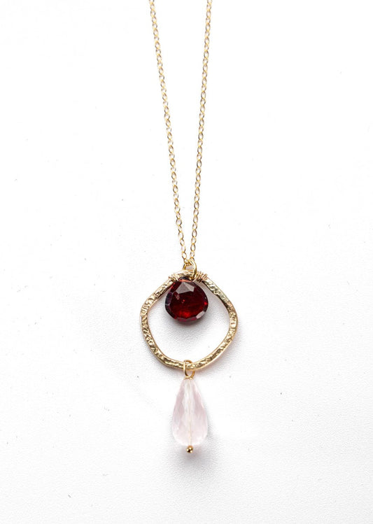 Liv & B Necklaces Garnet and Rose Quartz 14K Gold fill Necklace