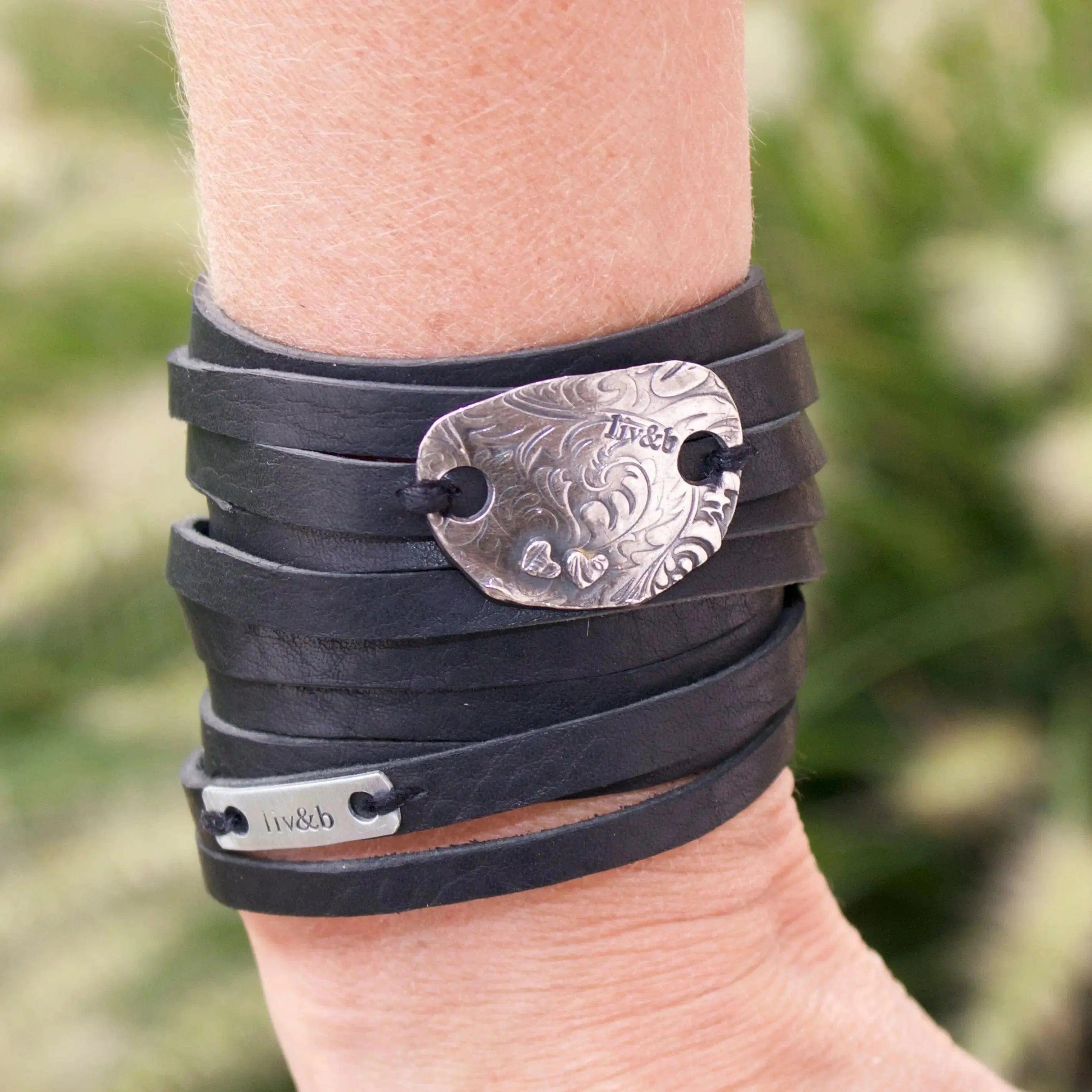 Double black leather wrist wide clearance bracelet