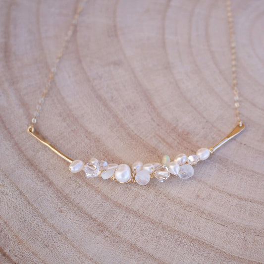 Opal, Pearl and Swarovski Crystal Bar Cluster Necklace Liv & B Designs