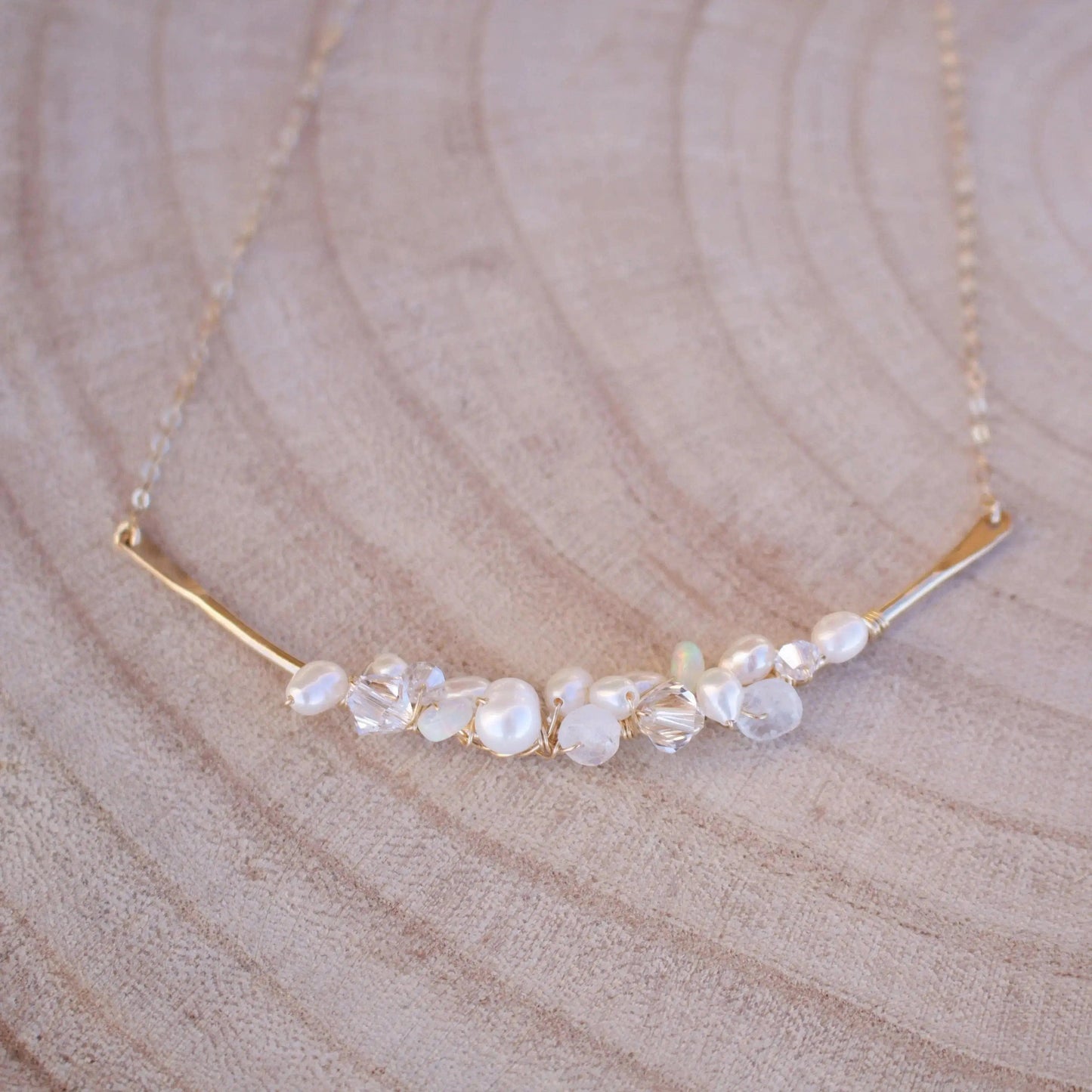 Opal, Pearl and Swarovski Crystal Bar Cluster Necklace Liv & B Designs