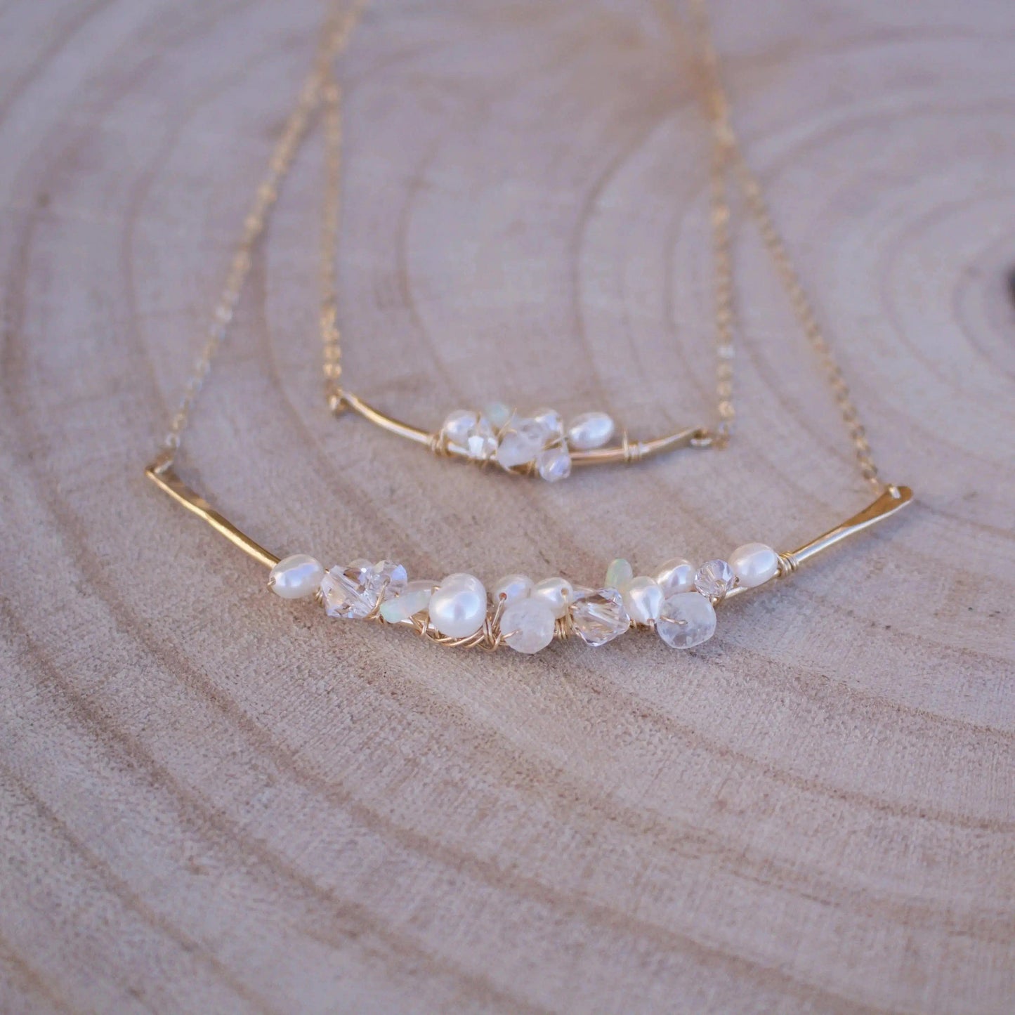 Opal, Pearl and Swarovski Crystal Bar Cluster Necklace Liv & B Designs