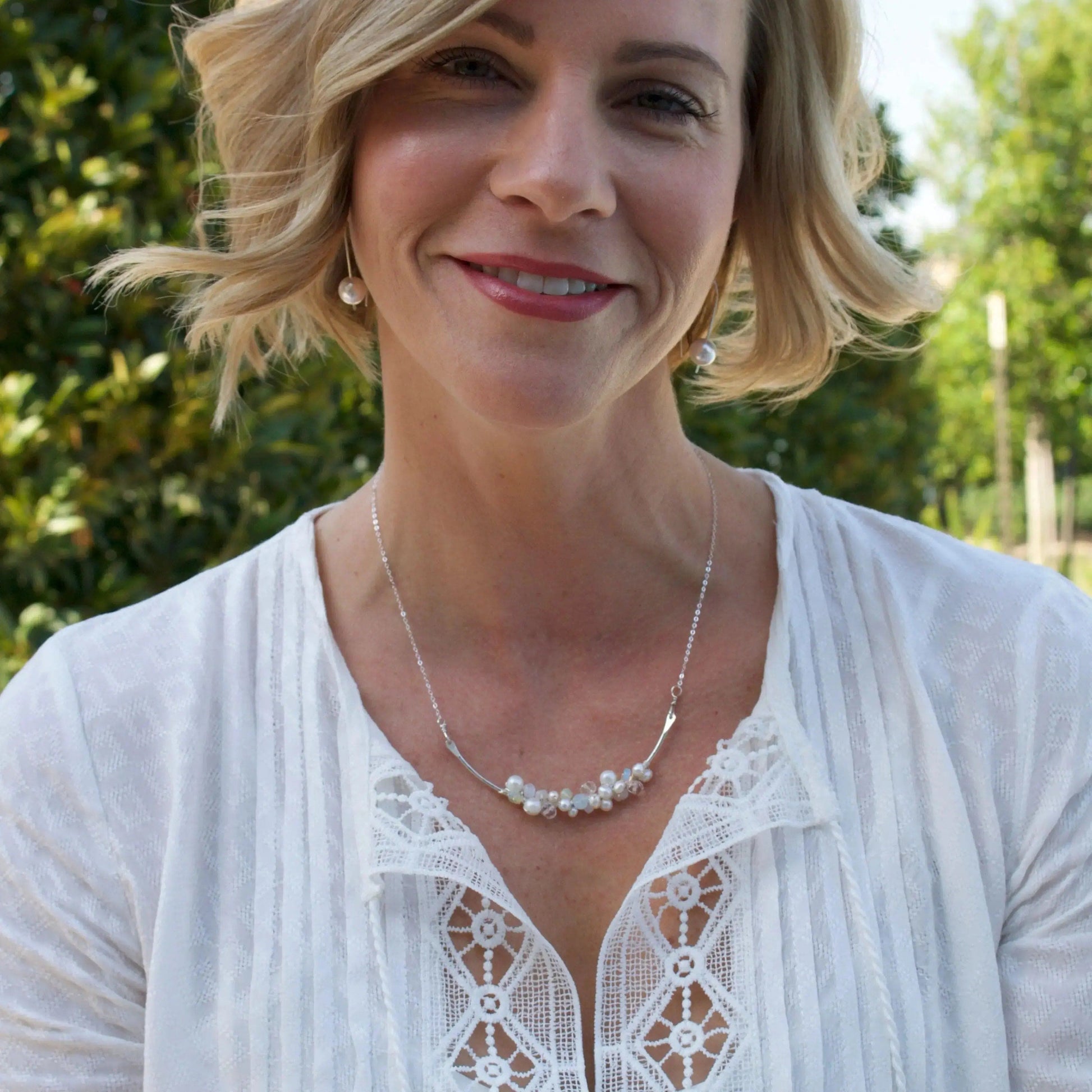 Opal, Pearl and Swarovski Crystal Bar Cluster Necklace Liv & B Designs